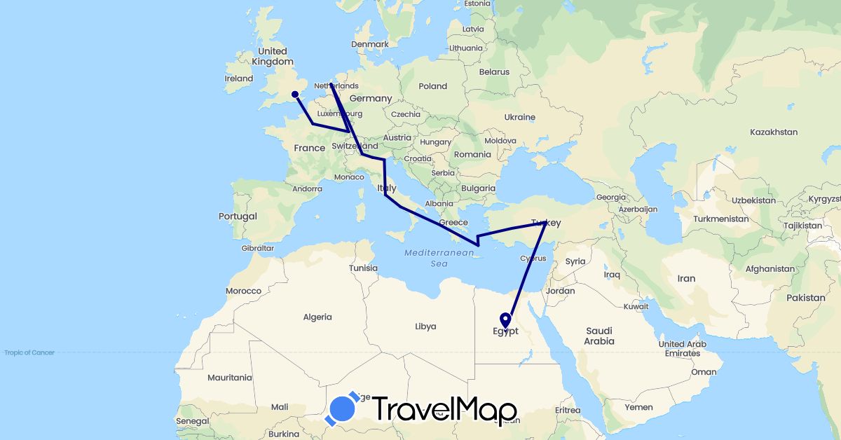 TravelMap itinerary: driving in Egypt, France, United Kingdom, Greece, Italy, Netherlands, Turkey (Africa, Asia, Europe)