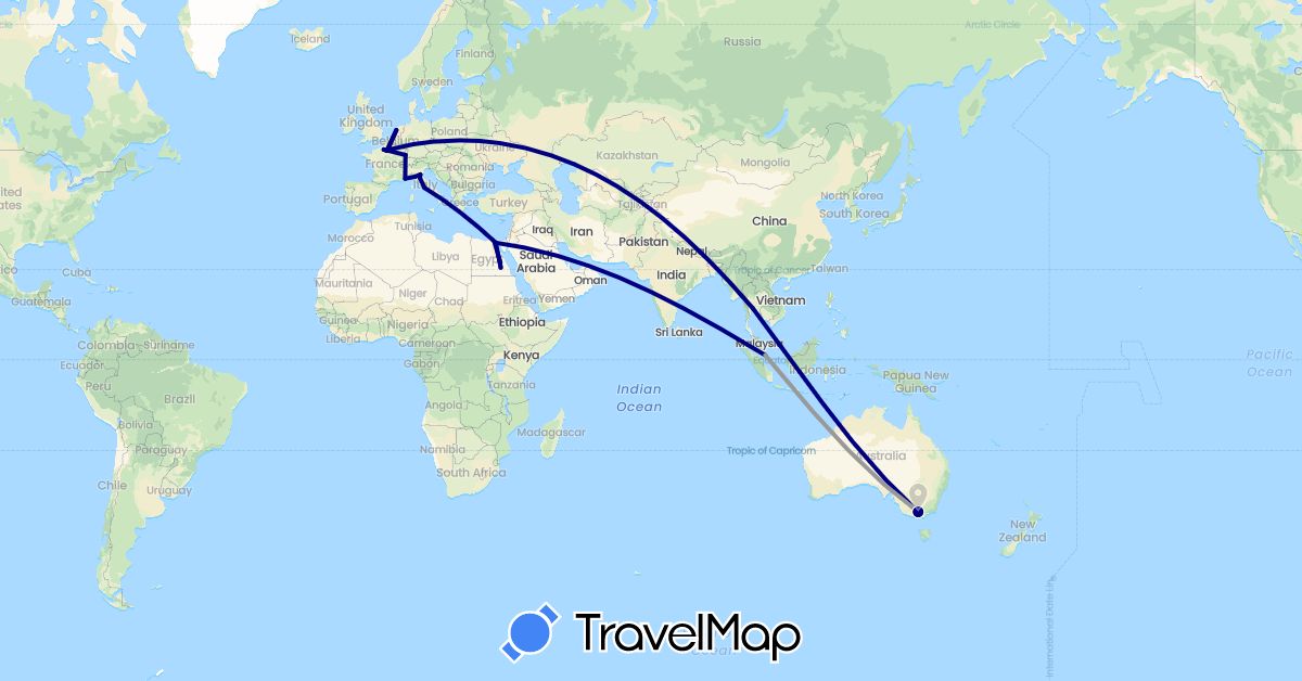 TravelMap itinerary: driving, plane in Australia, Egypt, France, Italy, Netherlands, Singapore, Thailand (Africa, Asia, Europe, Oceania)